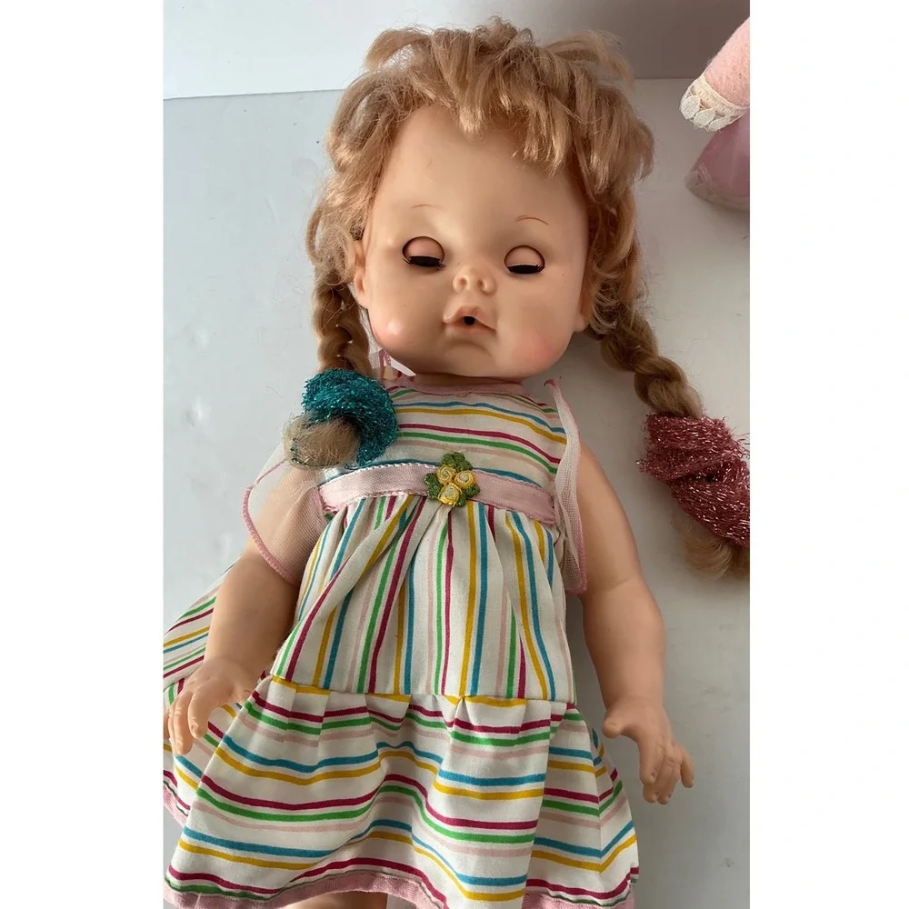 Eegee‎ Co Softina Vintage Doll Set Striped Dress Pink Lace Outfit 13in 1980s
